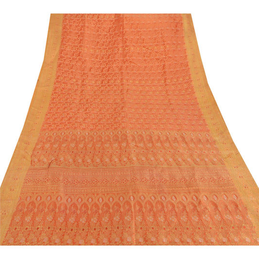 Sanskriti Vintage Orange Saree Art Silk Woven Brocade Sustainable Fabric Cultural 5 Yd Sari