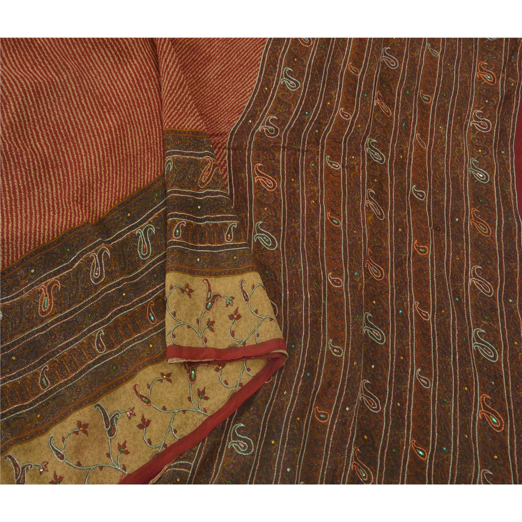 Sanskriti Vintage Red Saree Pure Chiffon Silk Hand Beaded Fabric Printed Sari