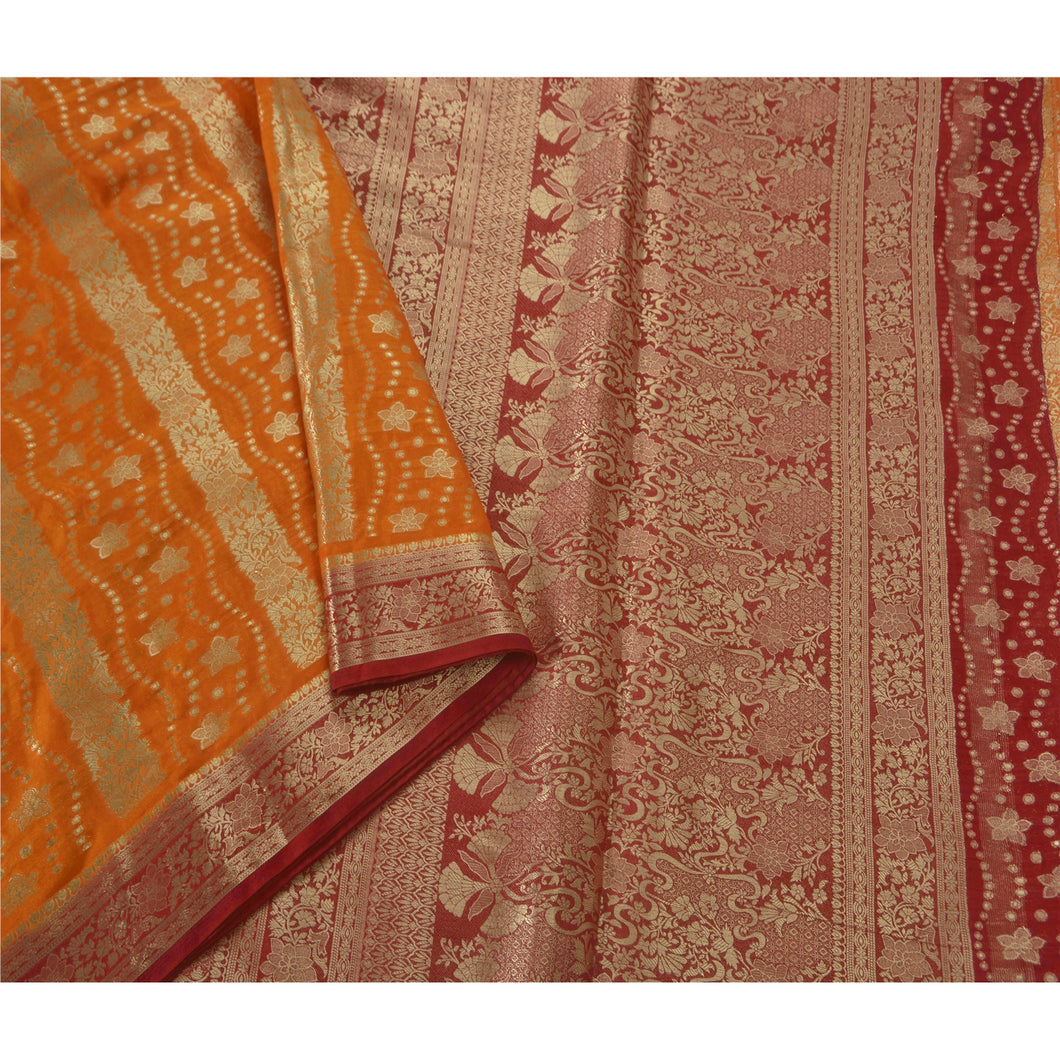 Orange Saree Art Silk Brocade Woven Craft Fabric Ethnic Sari