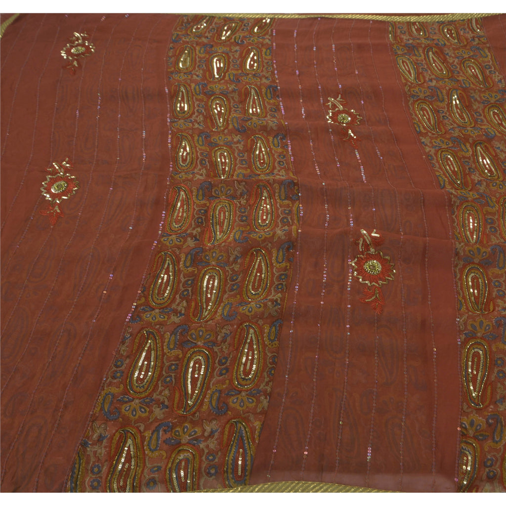 Sanskriti Vintage Saree Blend Georgette Orange Saree Ethnic Hand Beaded & Woven 5+yd Craft Fabric Create-Floral Dresses, Kaftans, Project