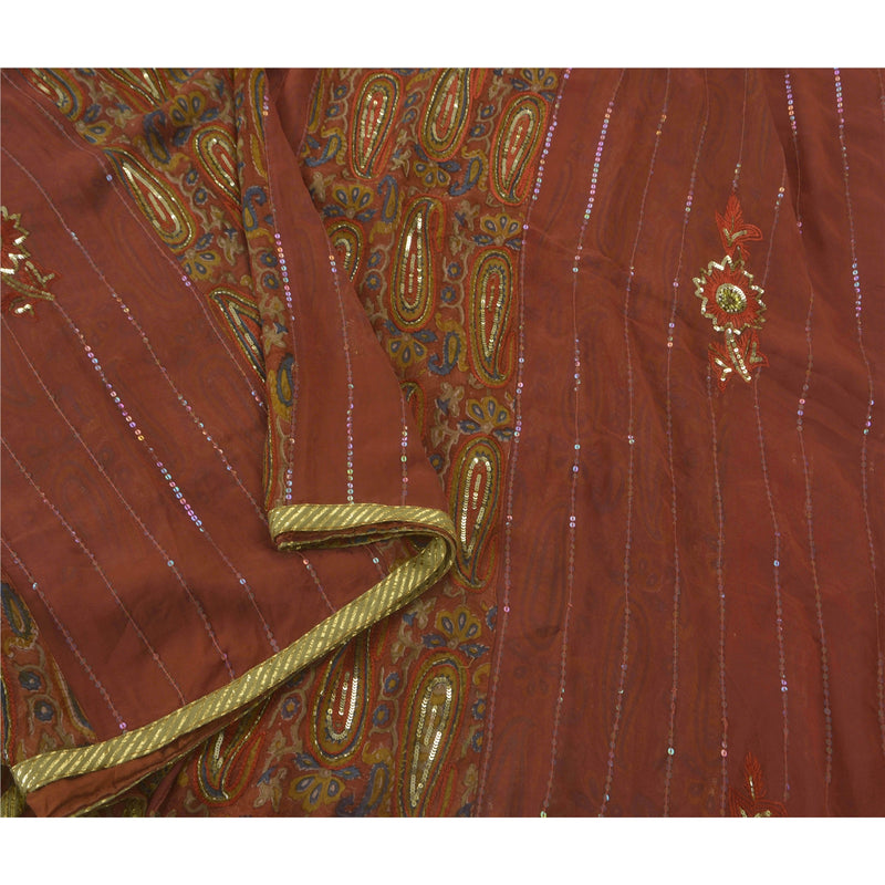 Sanskriti Vintage Saree Blend Georgette Orange Saree Ethnic Hand Beaded & Woven 5+yd Craft Fabric Create-Floral Dresses, Kaftans, Project