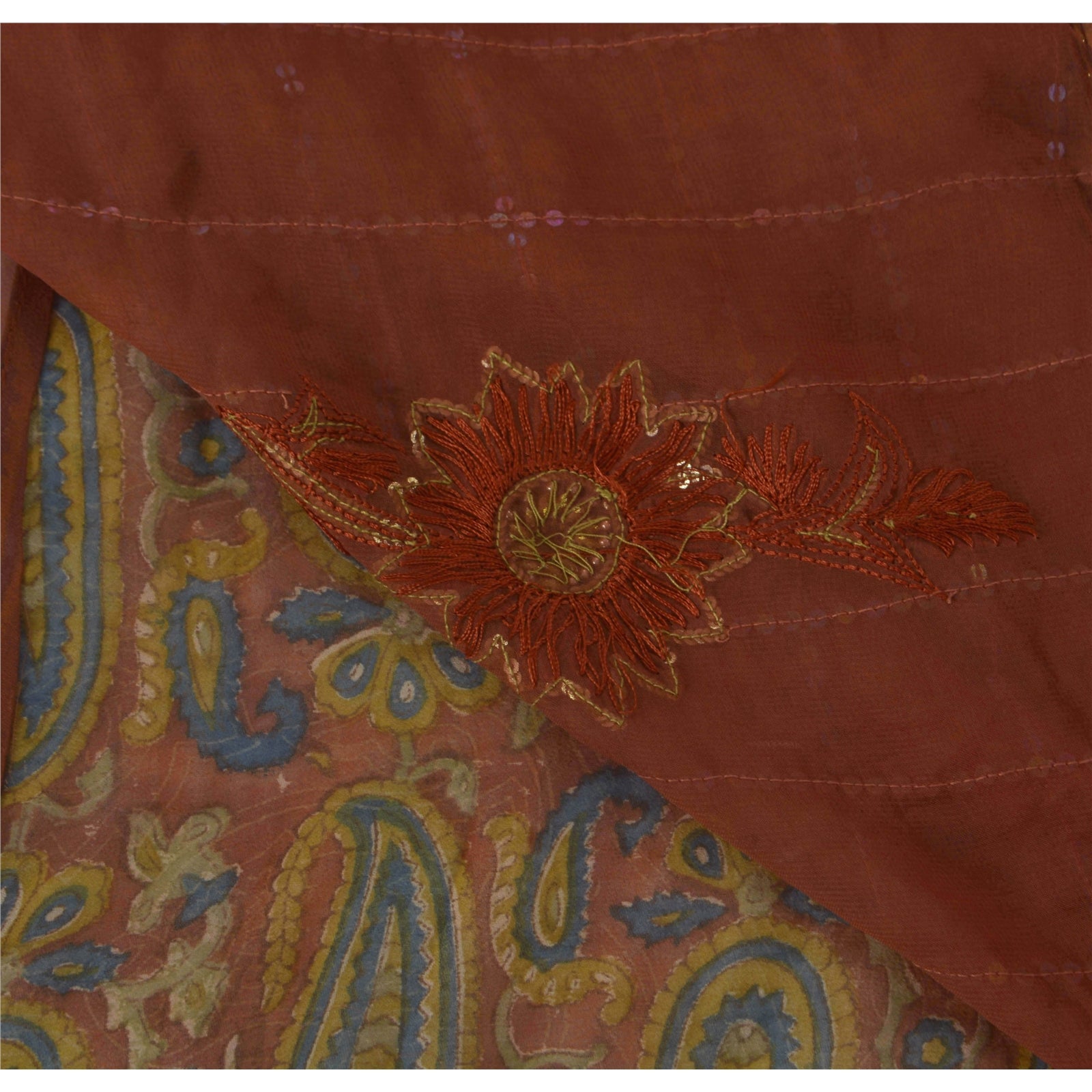 Sanskriti Vintage Saree Blend Georgette Orange Saree Ethnic Hand Beaded & Woven 5+yd Craft Fabric Create-Floral Dresses, Kaftans, Project