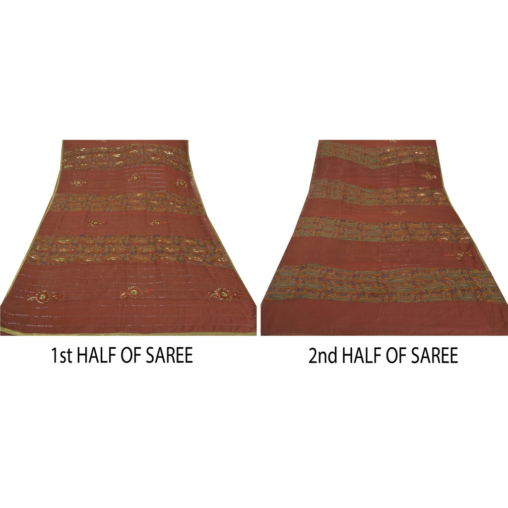 Sanskriti Vintage Saree Blend Georgette Orange Saree Ethnic Hand Beaded & Woven 5+yd Craft Fabric Create-Floral Dresses, Kaftans, Project