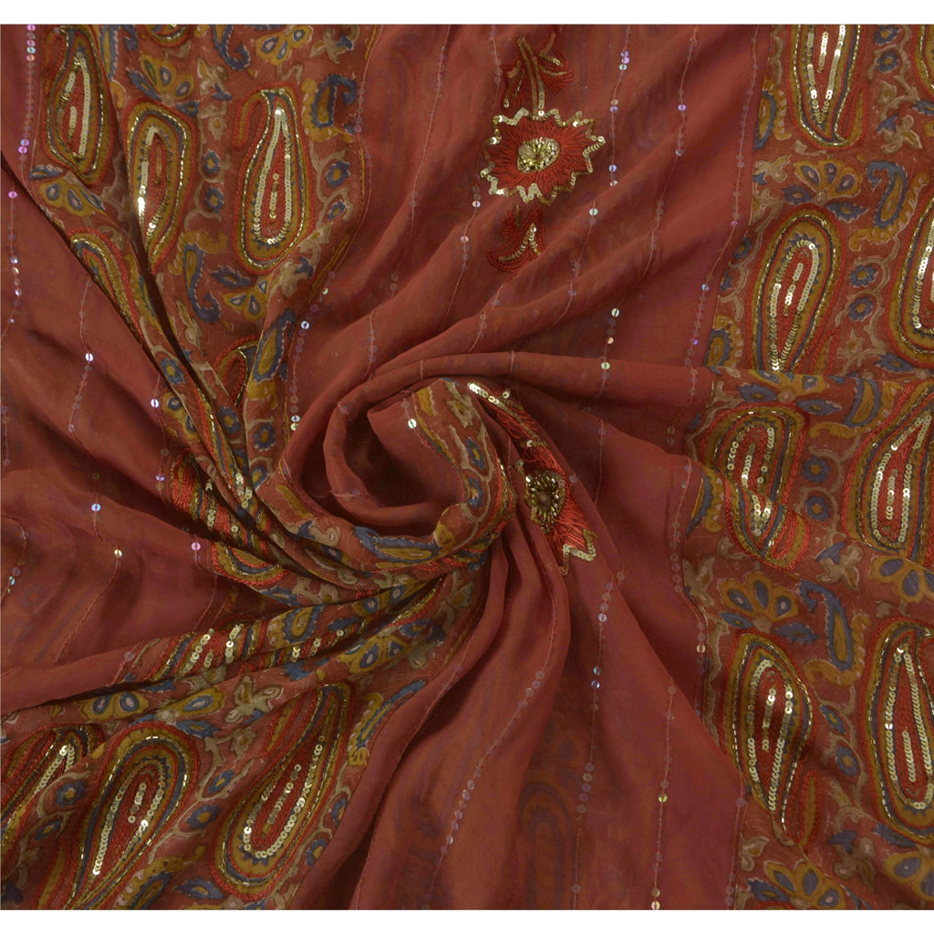 Sanskriti Vintage Saree Blend Georgette Orange Saree Ethnic Hand Beaded & Woven 5+yd Craft Fabric Create-Floral Dresses, Kaftans, Project