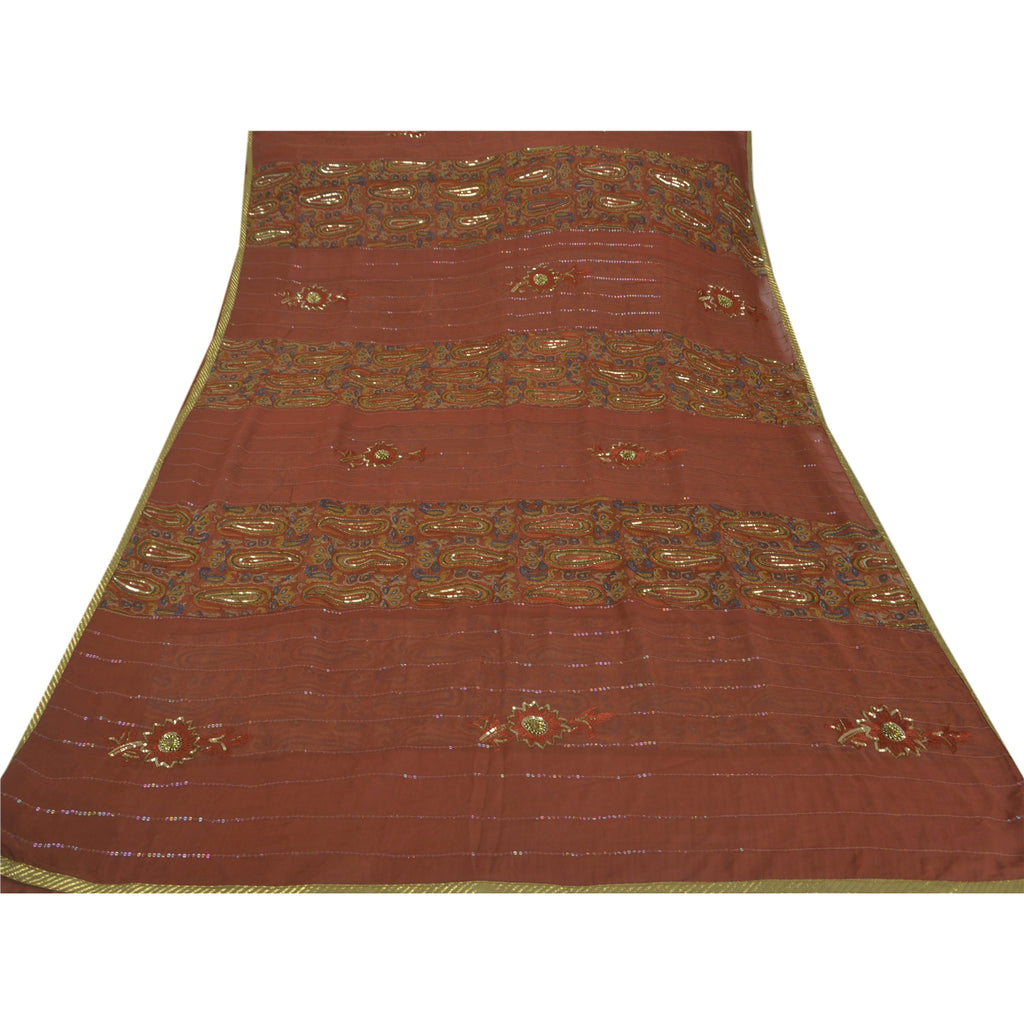 Sanskriti Vintage Saree Blend Georgette Orange Saree Ethnic Hand Beaded & Woven 5+yd Craft Fabric Create-Floral Dresses, Kaftans, Project