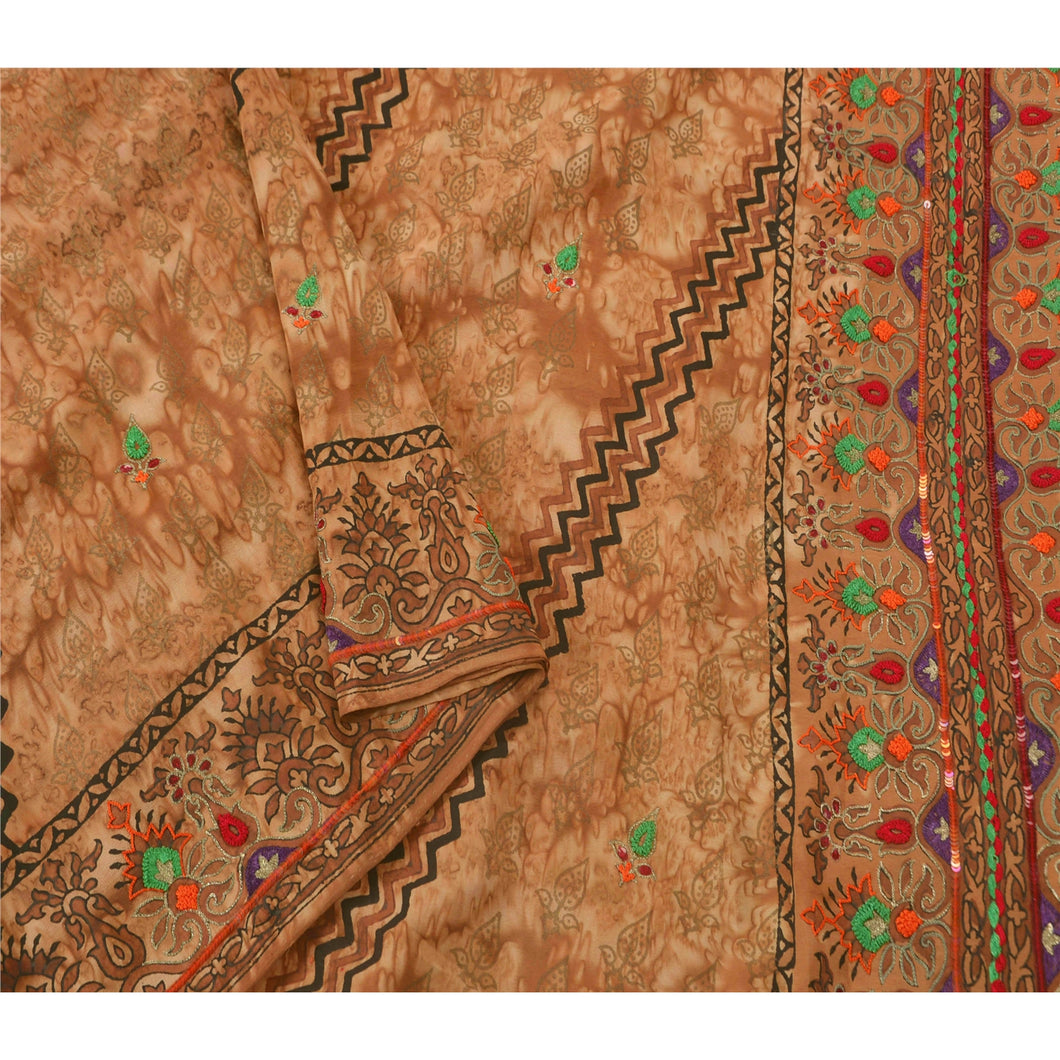 Brown Saree Pure Silk Hand Beaded Fabric Craft Premium Sari