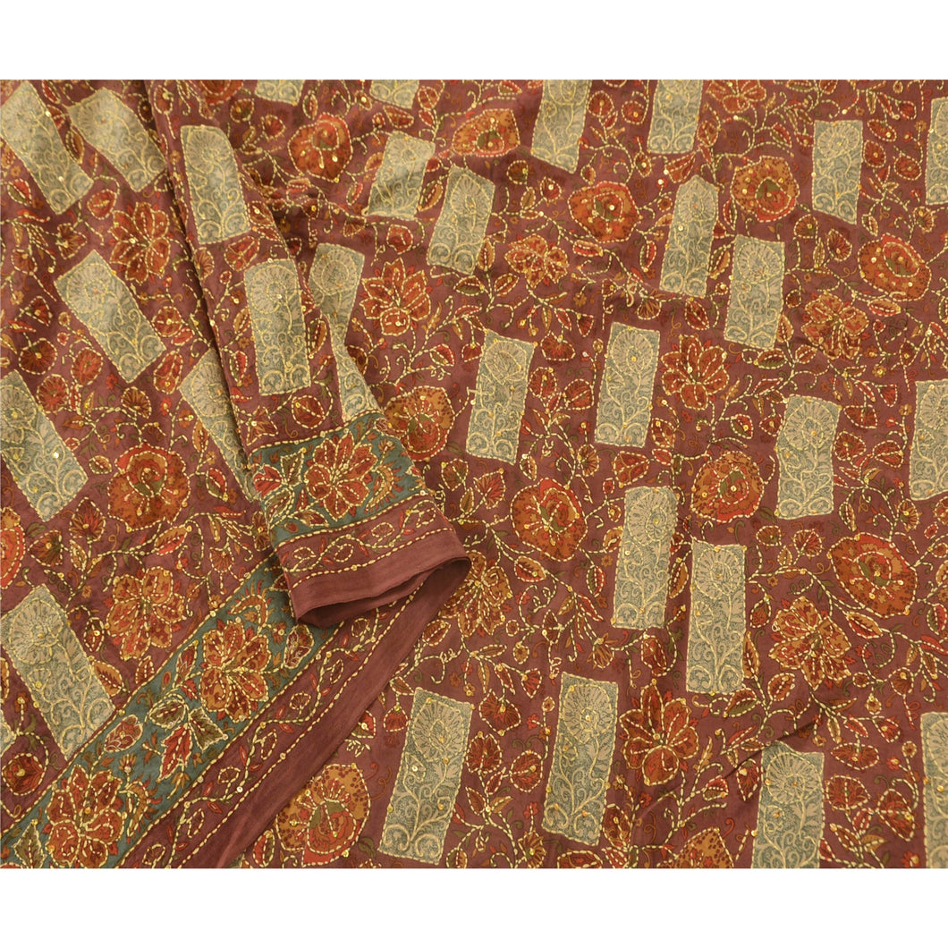 Brown Saree Pure Crepe Silk Hand Embroidery Kantha Fabric Sari