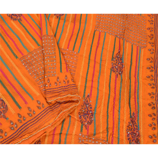 Sanskriti Vintage Orange Saree Blend Georgette Hand Beaded Sustainable Fabric Premium Sari