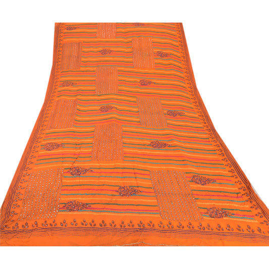 Sanskriti Vintage Orange Saree Blend Georgette Hand Beaded Sustainable Fabric Premium Sari