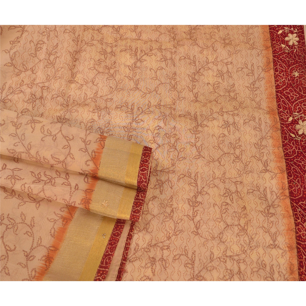 Cream Saree Art Silk Hand Embroidered Bandhani Fabric Sari