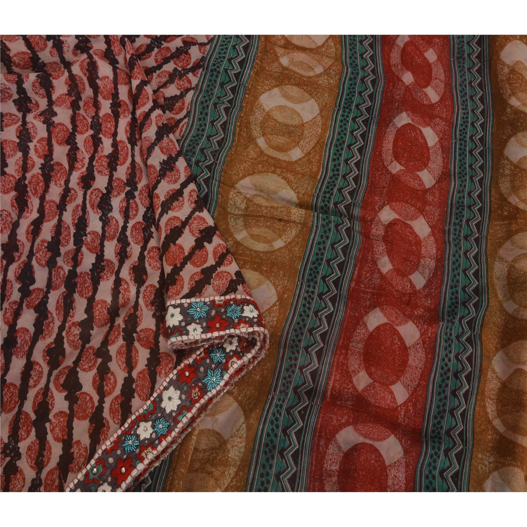 Sanskriti Vintage Pink Saree Pure Chiffon Silk Hand Beaded Fabric Craft Sari