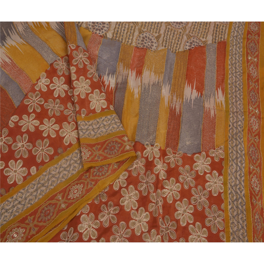 Sanskriti Vintage Yellow Saree Pure Crepe Silk Fabric Embroidery Zari Craft Sari