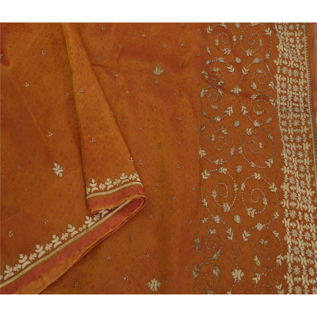 Brown Saree Tissue Fabric Hand Beaded Woven Craft Ethnic Sari
