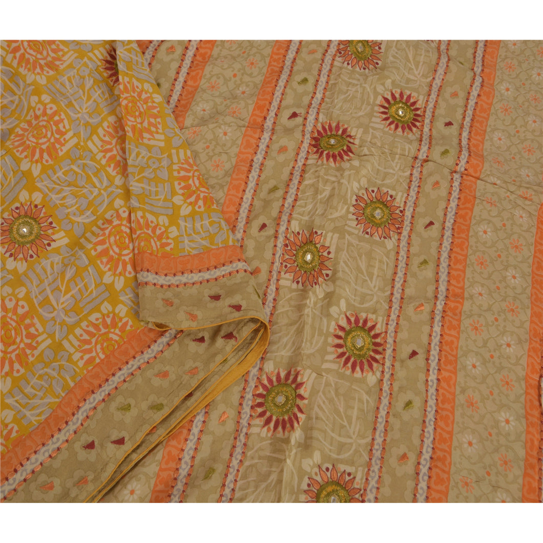 Sanskriti Vintage Yellow Saree Pure Crepe Silk Hand Beaded Fabric Craft Sari