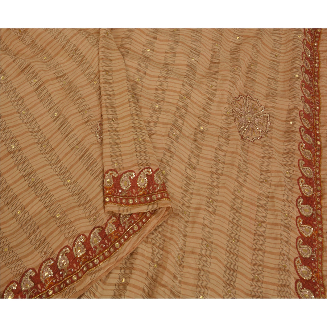 Cream Saree Pure Crepe Silk Hand Beaded 5 Yd Fabric Craft Sari