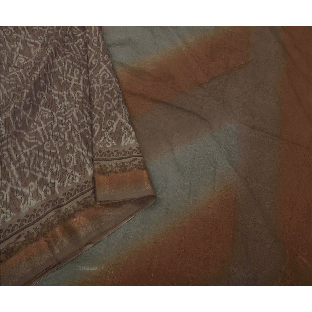 Grey Saree 100% Pure Silk Printed Woven 5 Yd Fabric Craft Sari