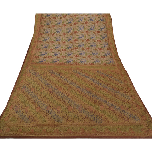 Sanskriti Vintage Cream Saree Blend Silk Woven Printed Sustainable Fabric Craft Premium Sari
