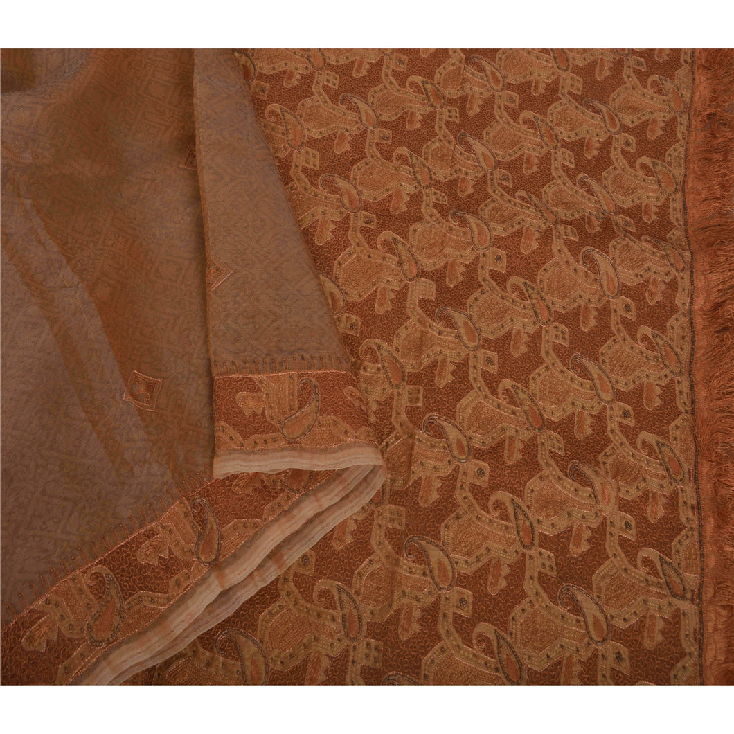 Brown Saree Pure Organza Silk Fabric Hand Beaded Craft Sari