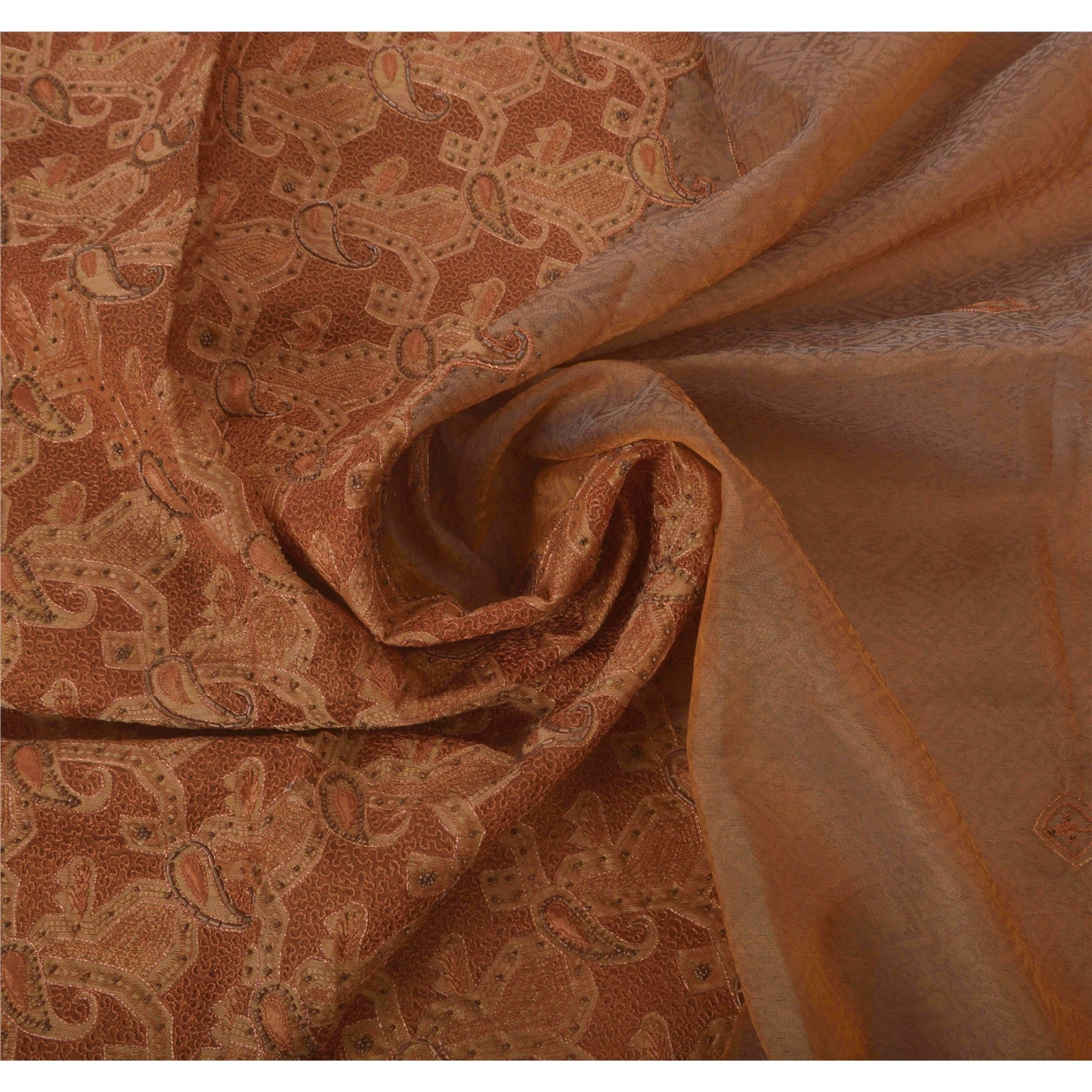 Sanskriti Vintage Brown Saree Pure Organza Silk Sustainable Fabric Hand Beaded Craft Sari