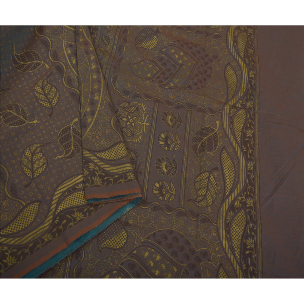 Grey Saree Blend Silk Fabric Hand Painted Craft Premium Sari