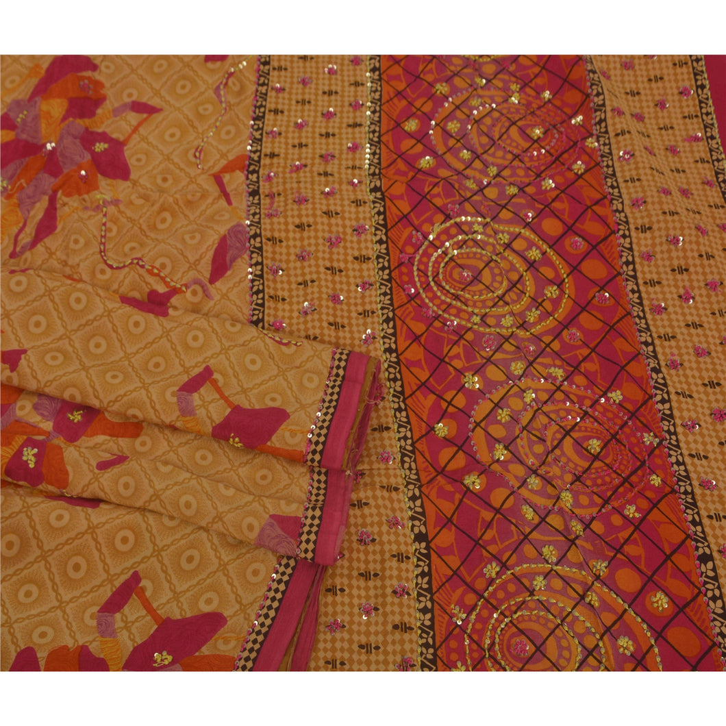 Cream Saree Pure Crepe Silk Fabric Hand Beaded Premium Sari