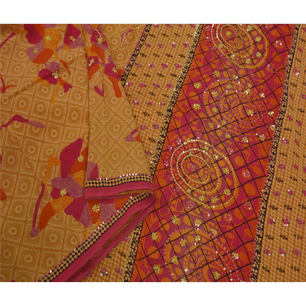 Sanskriti Vintage Cream Saree Pure Crepe Silk Sustainable Fabric Hand Beaded Premium Sari