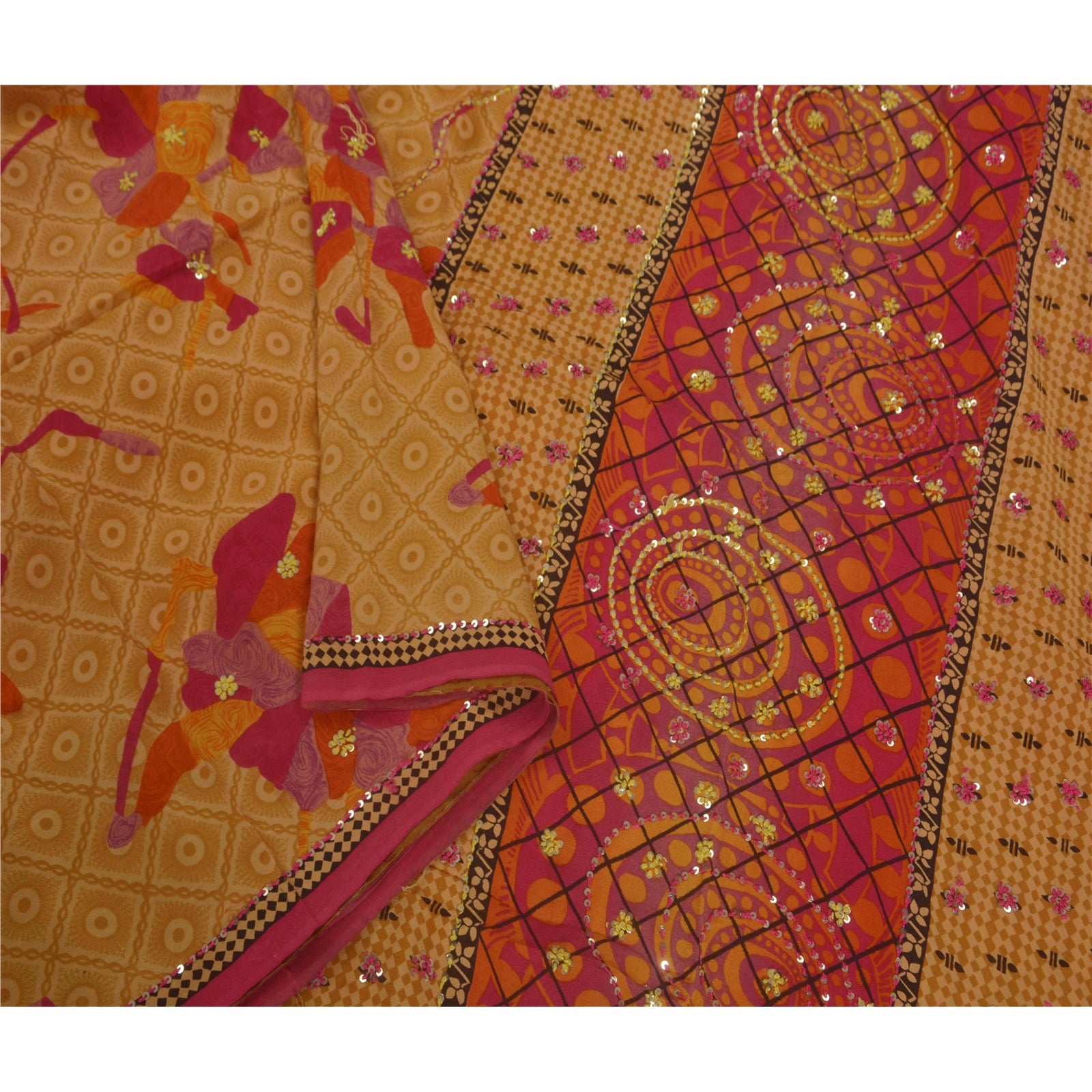 Sanskriti Vintage Cream Saree Pure Crepe Silk Sustainable Fabric Hand Beaded Premium Sari