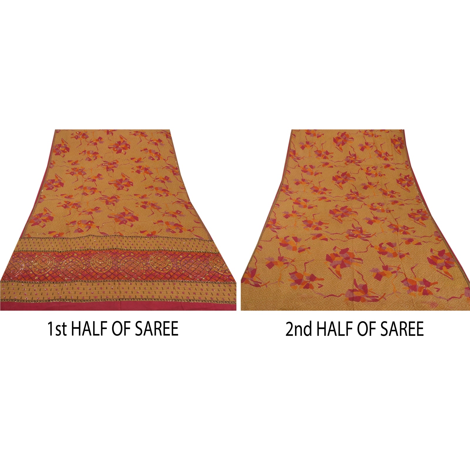 Sanskriti Vintage Cream Saree Pure Crepe Silk Sustainable Fabric Hand Beaded Premium Sari