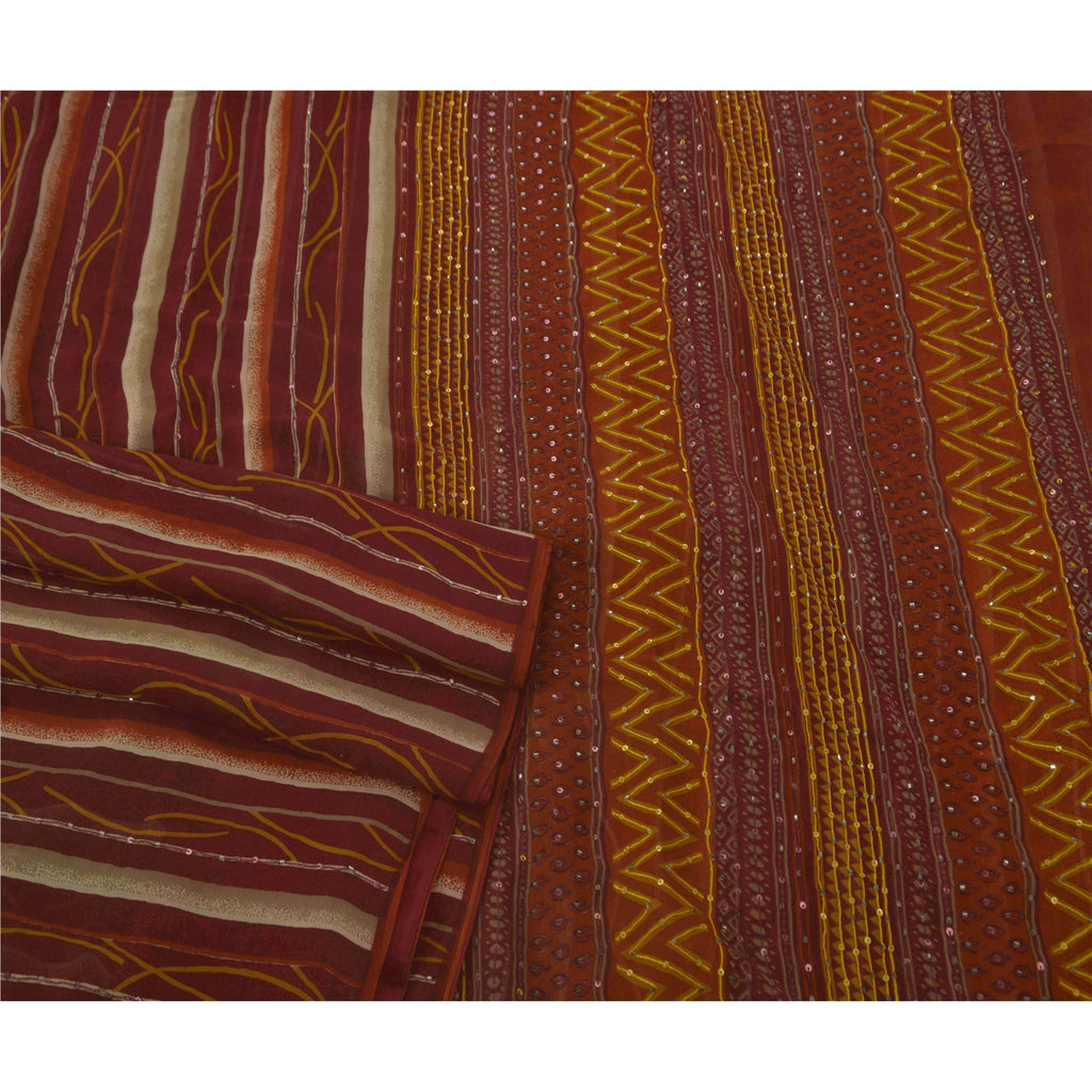 Sanskriti Vintage Red Saree Pure Georgette Silk Hand Beaded Sustainable Fabric Craft Sari
