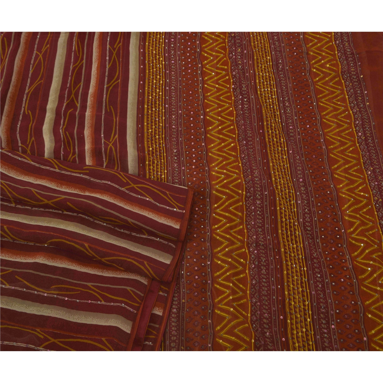 Sanskriti Vintage Red Saree Pure Georgette Silk Hand Beaded Sustainable Fabric Craft Sari