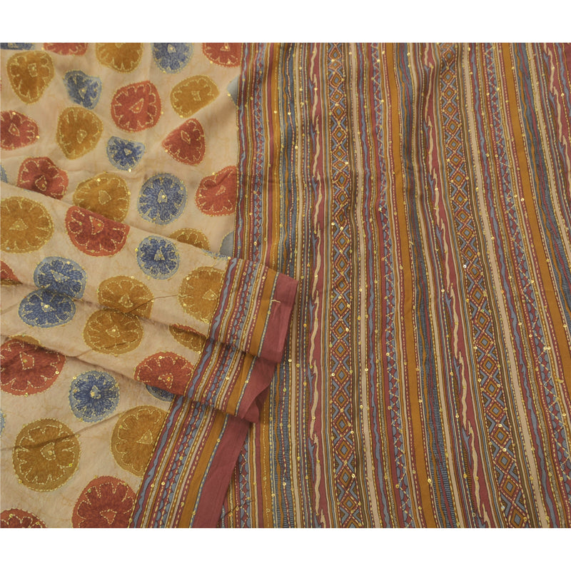 Sanskriti Vintage Saree 100% Pure Crepe Silk Cream Saree Hand Embroiderd 5.5 yd Craft Fabric Sequins & Thread West Bengal Indian Kantha