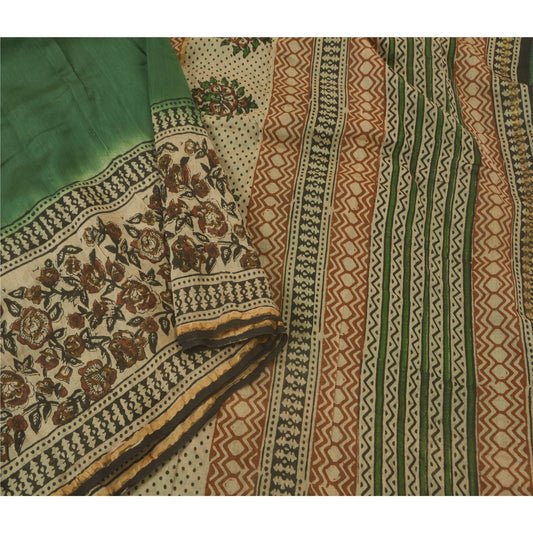 Sanskriti Vintage Green Saree Blend Silk Block Print Craft 5 Yd Sustainable Fabric Sari