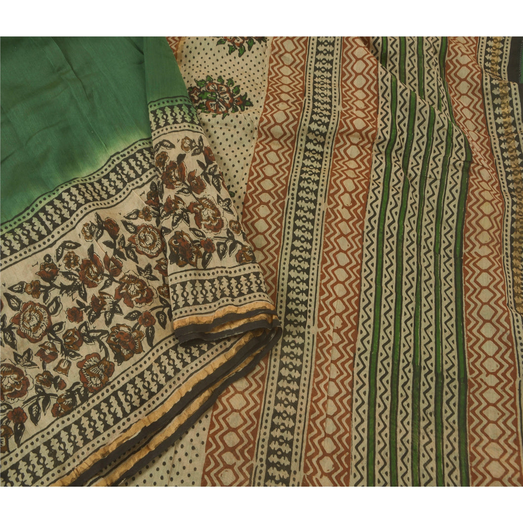 Green Saree Blend Silk Block Print Craft 5 Yd Fabric Sari