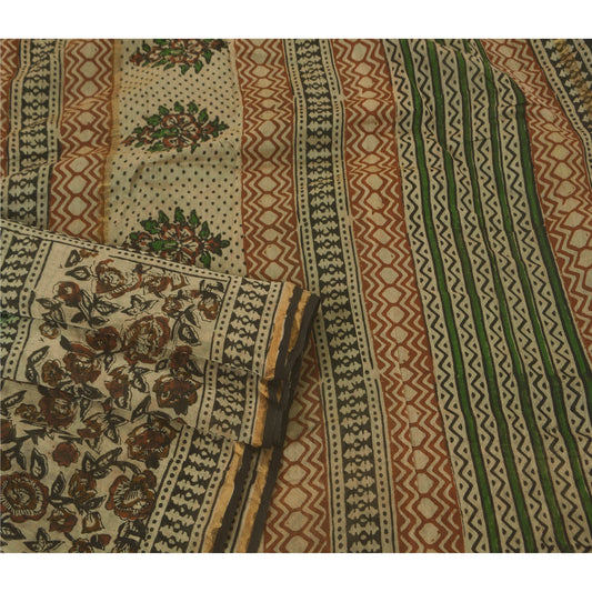 Sanskriti Vintage Green Saree Blend Silk Block Print Craft 5 Yd Sustainable Fabric Sari