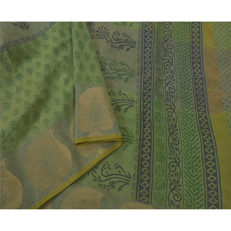 Sanskriti Vintage Saree Green Blend Silk Block Printed Saree Woven 5+yd Indian Craft Fabric For Crafting, Upcycling, or Even Wearing