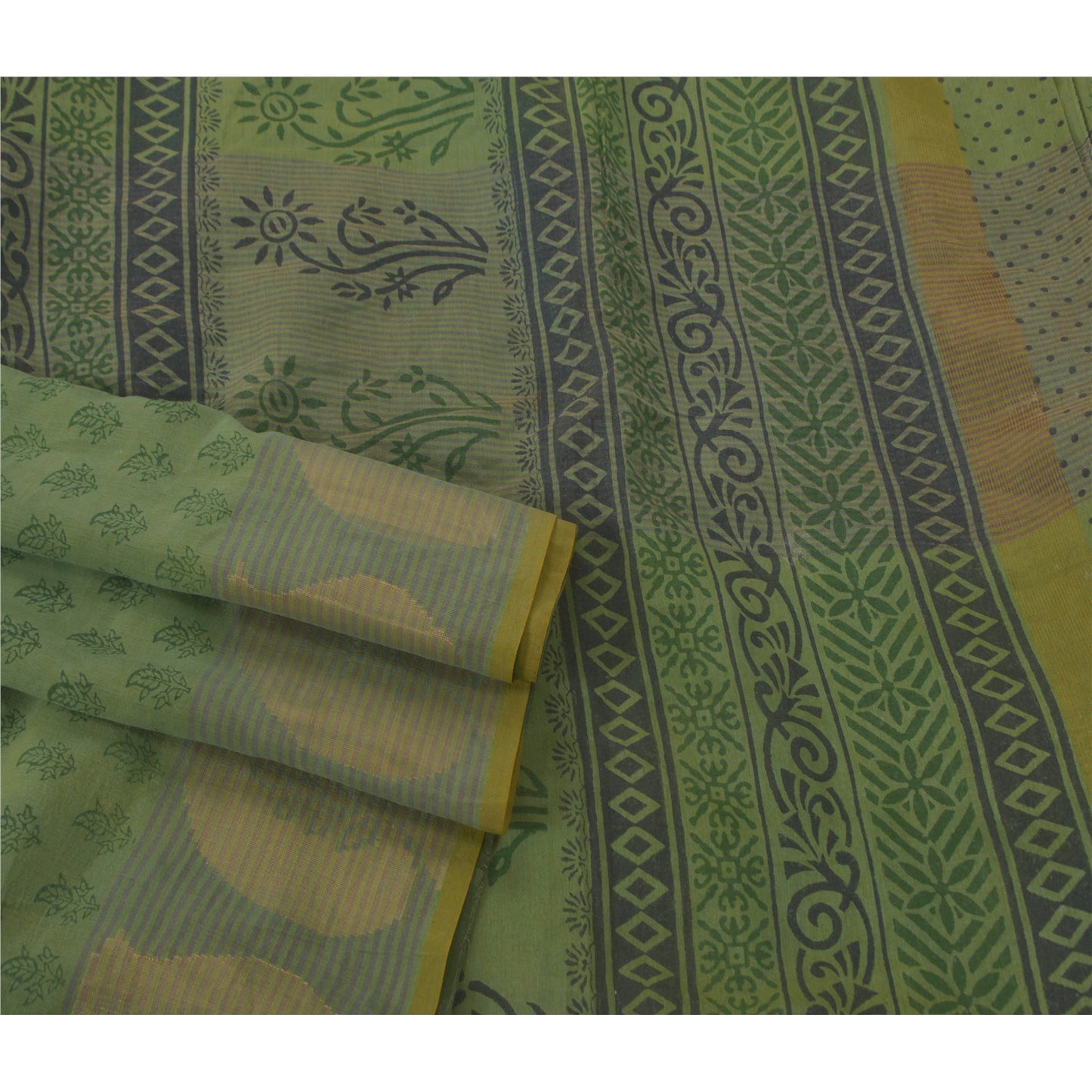 Sanskriti Vintage Green Saree Blend Silk Woven Craft Sustainable Fabric Block Print Sari