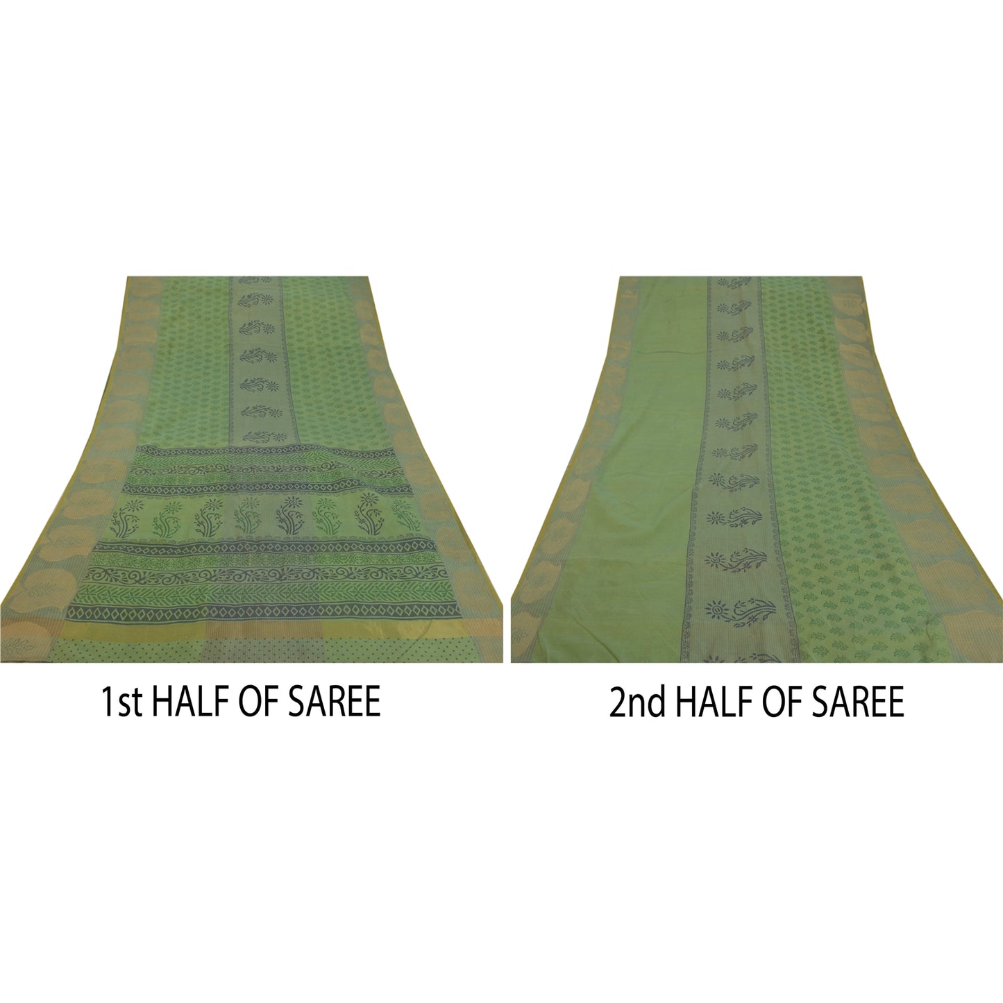 Sanskriti Vintage Green Saree Blend Silk Woven Craft Sustainable Fabric Block Print Sari