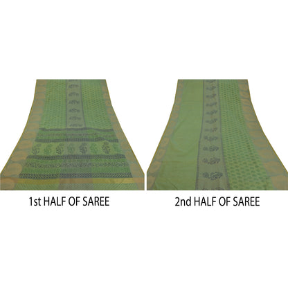 Sanskriti Vintage Green Saree Blend Silk Woven Craft Sustainable Fabric Block Print Sari