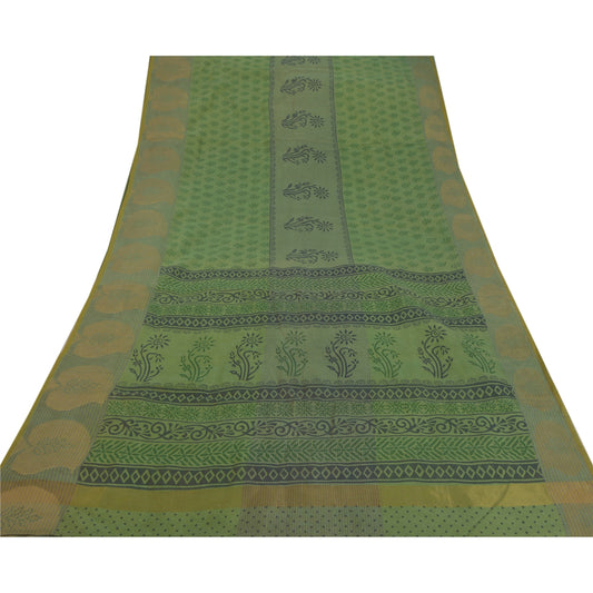 Sanskriti Vintage Green Saree Blend Silk Woven Craft Sustainable Fabric Block Print Sari