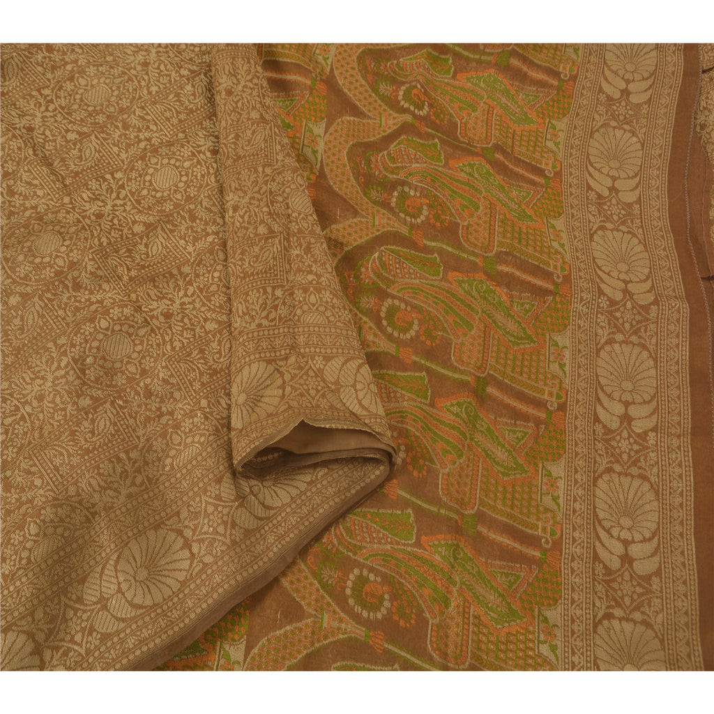 Sanskriti Vintage Brown Saree Blend Silk Woven Craft 5 Yd Sustainable Fabric Premium Sari