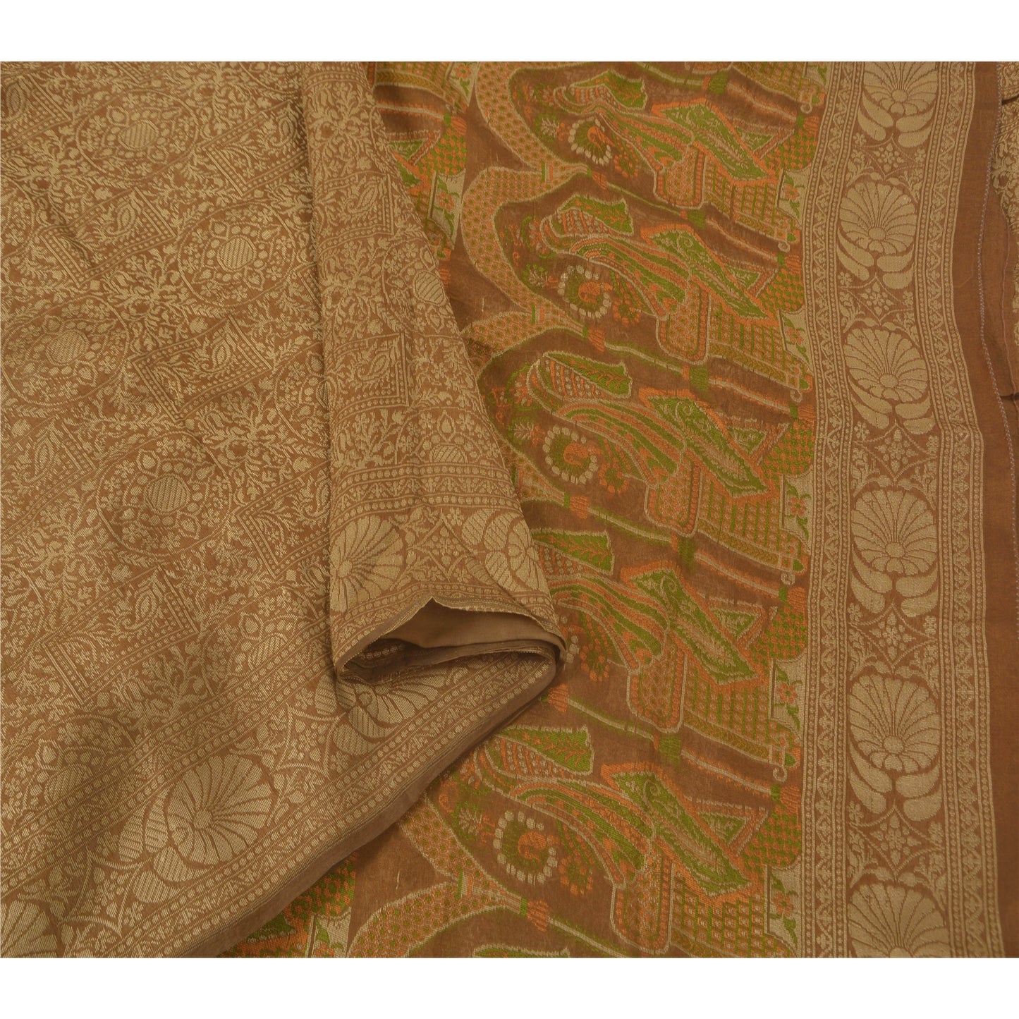 Sanskriti Vintage Brown Saree Blend Silk Woven Craft 5 Yd Sustainable Fabric Premium Sari