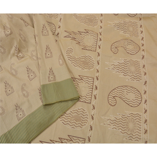 Sanskriti Vintage Cream Saree Art Silk Painted Craft 5 Yd Sustainable Fabric Premium Sari