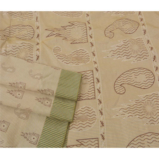 Sanskriti Vintage Cream Saree Art Silk Painted Craft 5 Yd Sustainable Fabric Premium Sari