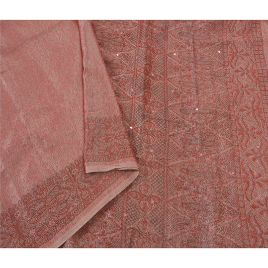 Sanskriti Vintage Pink Saree Art Silk Hand Beads Woven Craft Sustainable Fabric Premium Sari