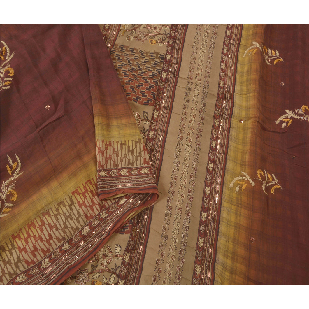 Cream Saree Pure Crepe Silk Hand Beaded 5 Yd Fabric Craft Sari