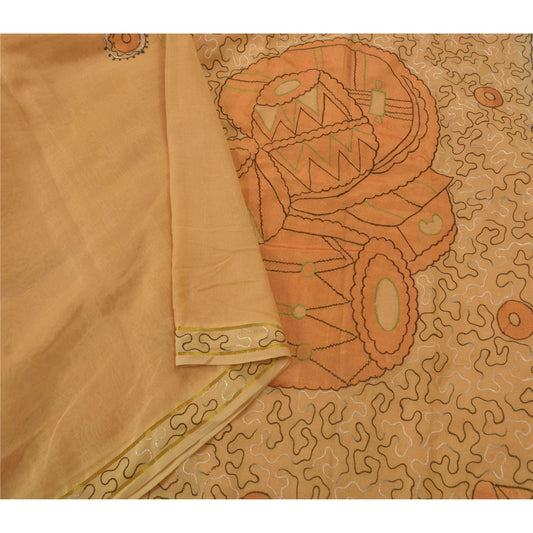 Sanskriti Vintage Cream Saree Blend Silk Sustainable Fabric Hand Embroidered Ari Work Sari