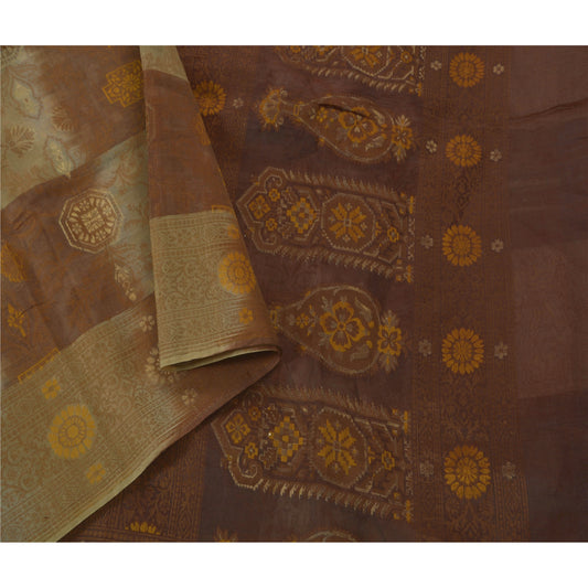 Sanskriti Vintage Cream Saree Pure Silk Woven Craft 5 Yd Sustainable Fabric Premium Sari