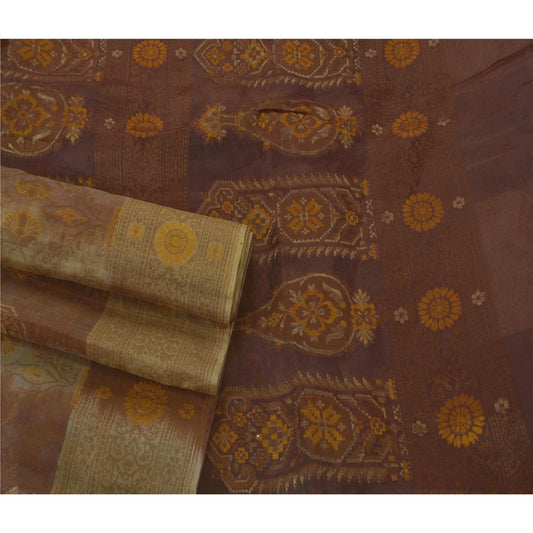 Sanskriti Vintage Cream Saree Pure Silk Woven Craft 5 Yd Sustainable Fabric Premium Sari