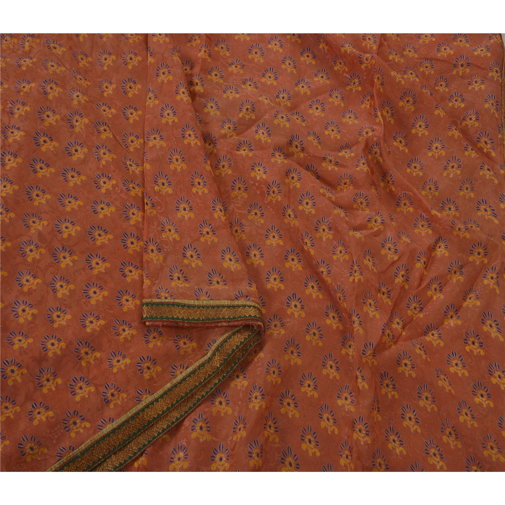 Sanskriti Vintage Coral Pure Georgette Silk Sari: Floral Woven Fabric, Green Border Indian Heritage Textile Craft Supplies Material,