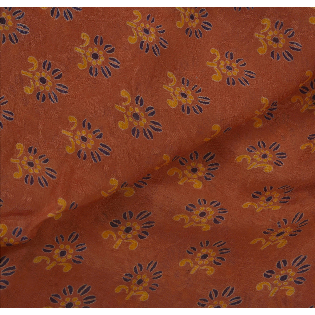 Sanskriti Vintage Coral Pure Georgette Silk Sari: Floral Woven Fabric, Green Border Indian Heritage Textile Craft Supplies Material,